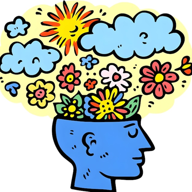 Photo cartoon head with clouds and flowers