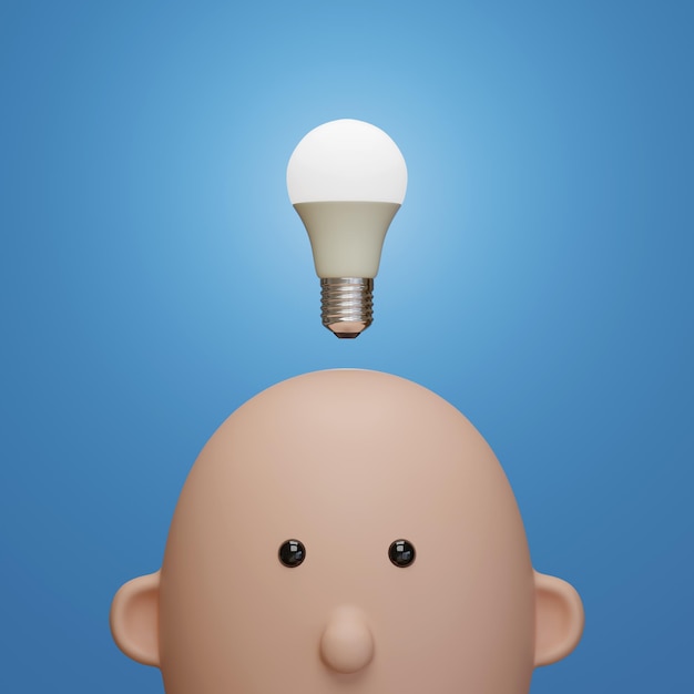 Cartoon head with a light bulb on top idea concept 3d illustration