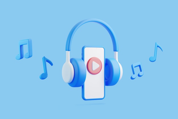 Cartoon headphones smartphone and melody note with play symbol flying on blue background 3D render