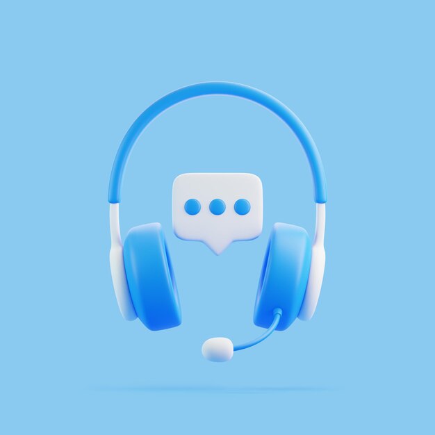 Cartoon headphones with speech bubble message flying on blue background Call center 3D render