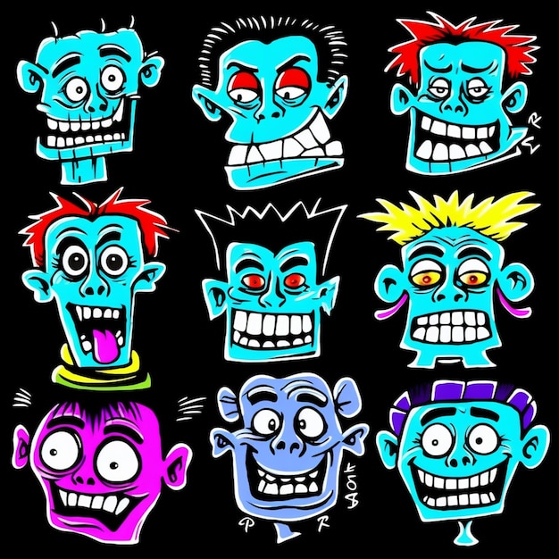 Cartoon heads of different types of monsters with different expressions generative ai