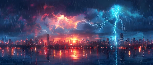 Cartoon of heavy rain and lightning over modern city skyline Concept Weather Storm Thunderstorm Lightning Cityscape