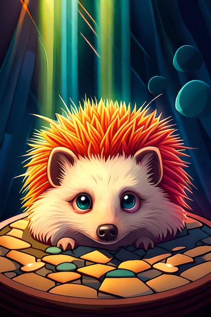 A cartoon hedgehog with a blue eyes sits on a stone.