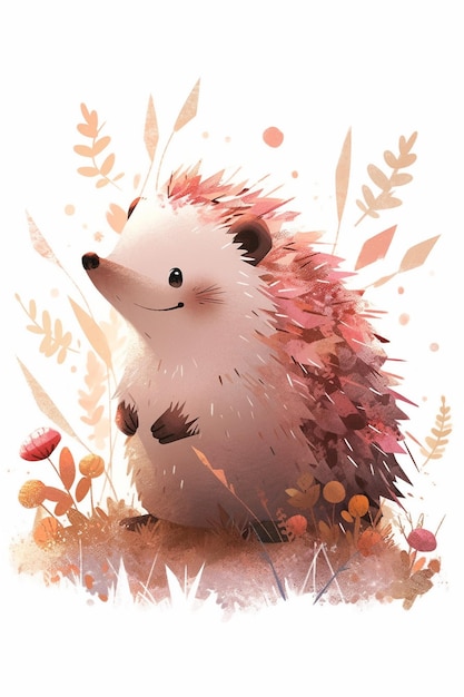 A cartoon hedgehog with a pink face sits in the grass.