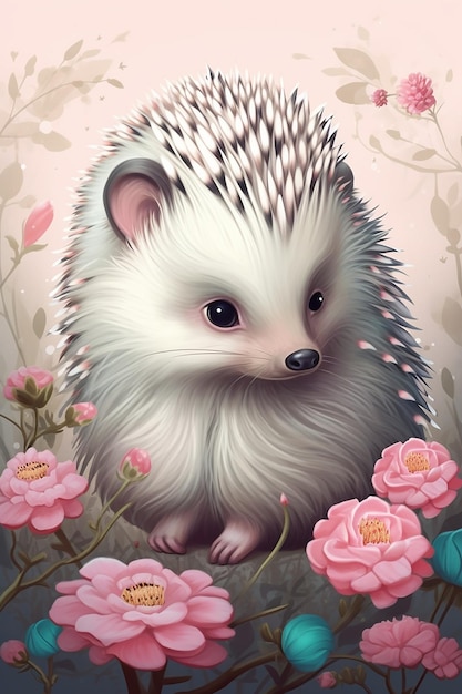 A cartoon hedgehog with pink flowers on the bottom.