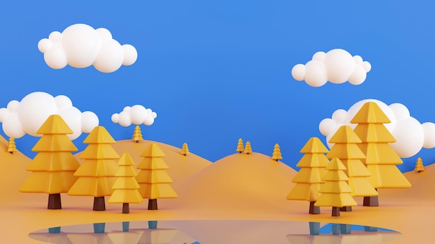 Cartoon herfst landschap weide en berg met blauwe lucht voor spandoek poster 3D-rendering