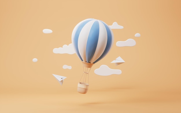 Cartoon hete luchtballon met papieren vliegtuigje 3D-rendering