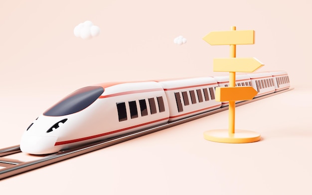 Cartoon highspeed train and indicator in the yellow background 3d rendering