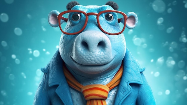 Photo a cartoon hippo with a blue jacket and blue eyes