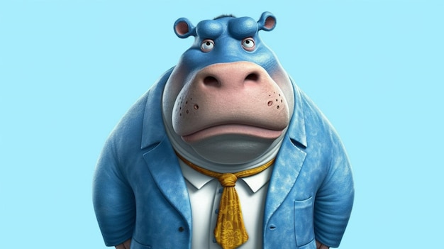 A cartoon hippo with a blue jacket and blue eyes