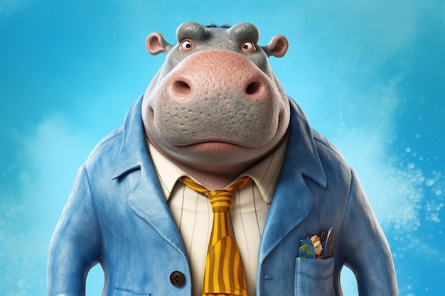 A cartoon hippo with a blue jacket and blue eyes