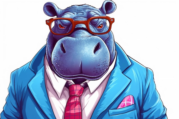 Photo a cartoon hippo with a blue jacket and blue eyes