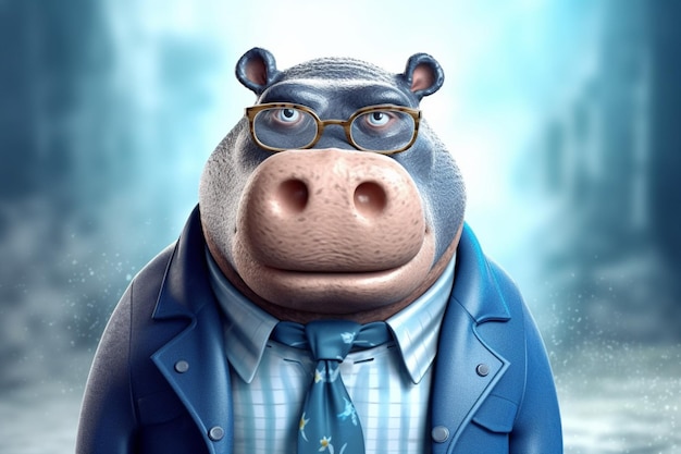 Photo a cartoon hippo with a blue jacket and blue eyes