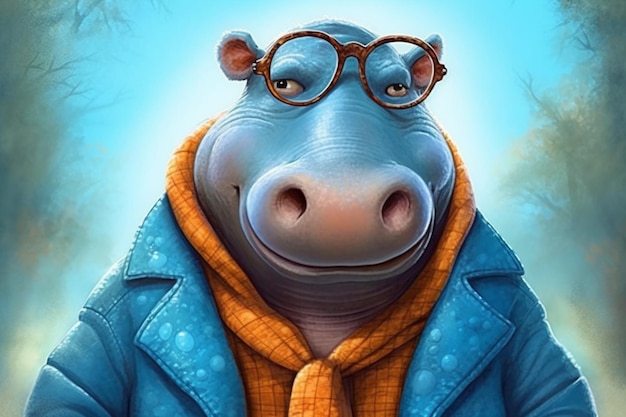 Photo a cartoon hippo with a blue jacket and blue eyes