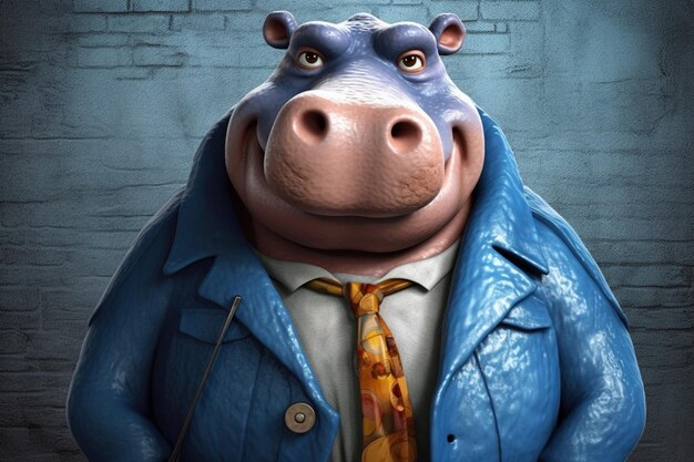 Photo a cartoon hippo with a blue jacket and blue eyes