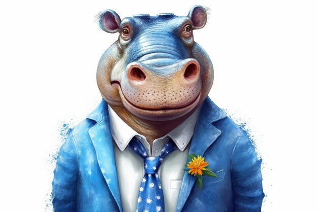 A cartoon hippo with a blue jacket and blue eyes