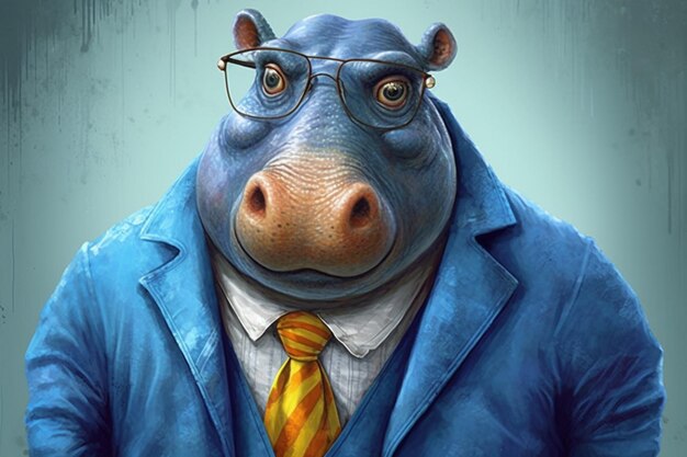 A cartoon hippo with a blue jacket and blue eyes