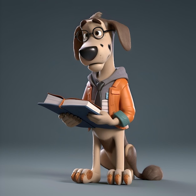 Cartoon hond die een boek leest 3D Rendered Illustration