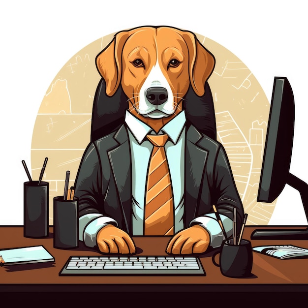 Cartoon hond draagt een pak en werkt achter een computer AI gegenereerde afbeelding