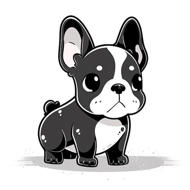 Cartoon hond met zwart-witte vlekken die voor een witte achtergrond staat