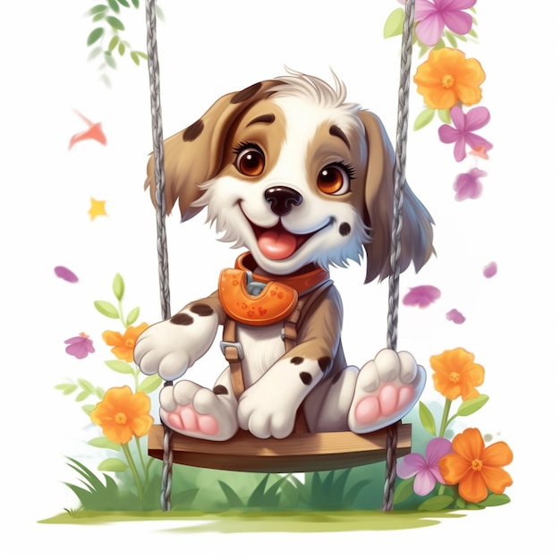 cartoon hond zit op een schommel met bloemen en vlinders generatieve ai