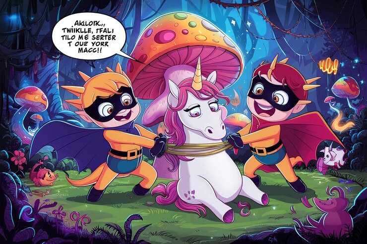 फोटो a cartoon of a horse and a girl with a mushroom on their head