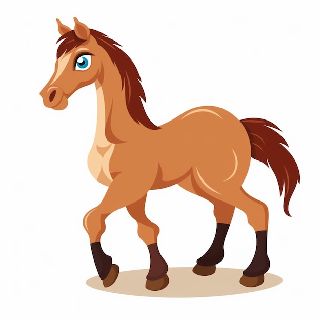 cartoon horse with blue eyes and brown mane walking on a white background generative ai