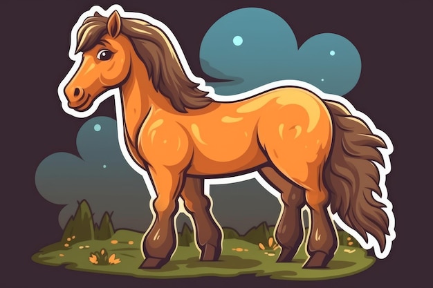 「馬」と書かれた茶色のたてがみと尾を持つ漫画の馬