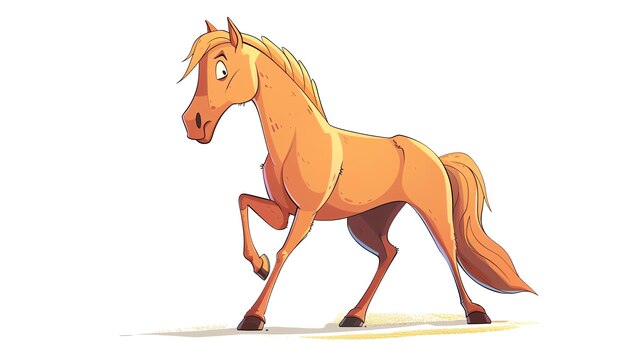 A cartoon horse with a light brown coat dark brown mane and tail and a white blaze on its forehead