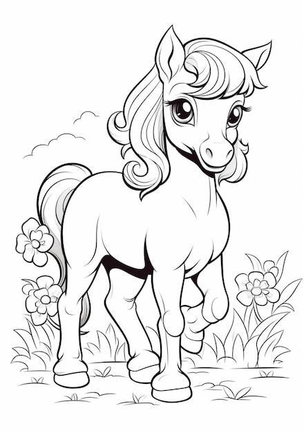 A cartoon horse with a long mane standing in a field generative ai