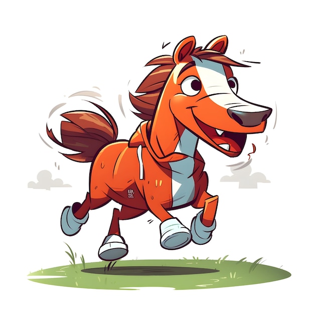 A cartoon horse with a white stripe on its face is running on the grass.