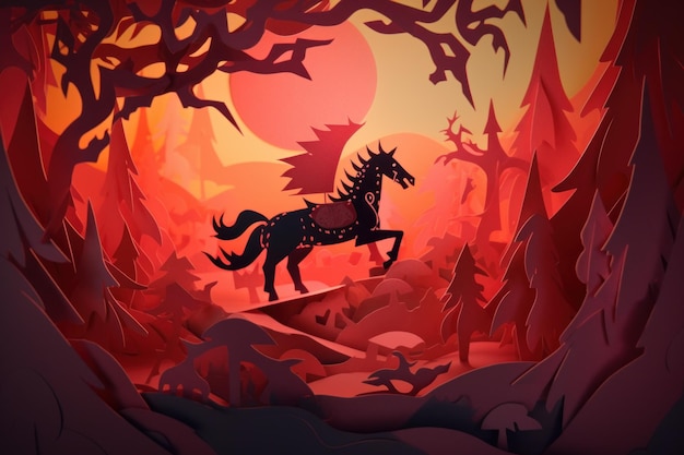 A cartoon horse with wings on its back stands in a forest.