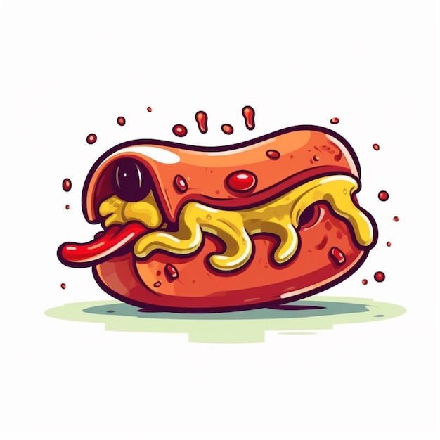 Cartoon hot dog with mustard and ketchup on it AI Generative