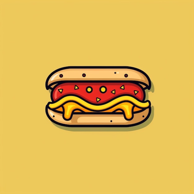 a cartoon hot dog with mustard and ketchup on a yellow background generative ai