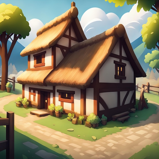 Мультяшный дом в сельской местности с травой и деревьямиМультяшный дом с деревянным забором и травой