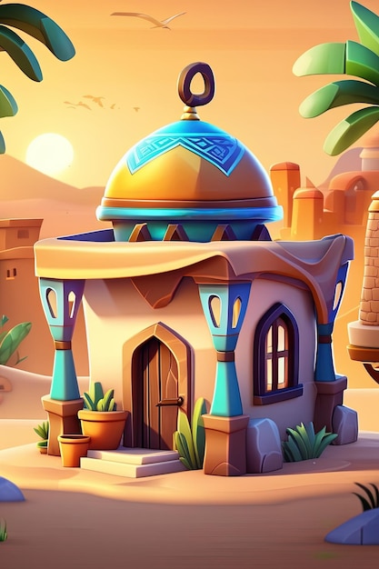 Photo a cartoon of a house in the desert.