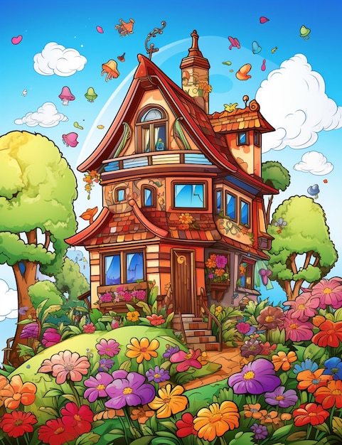 花と蝶の生成 ai を持つ庭の漫画の家