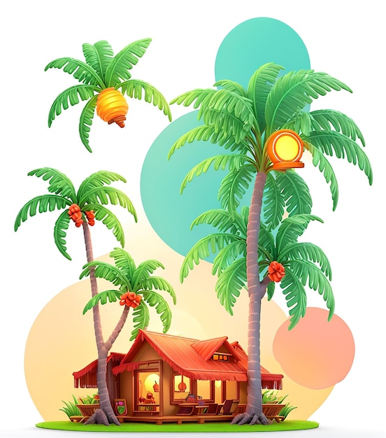 Photo a cartoon house and a hut tshirt design with palm trees
