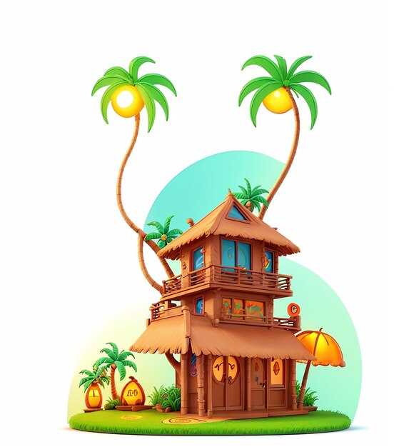 A cartoon house and a hut tshirt design with palm trees