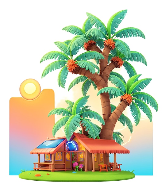 Photo a cartoon house and tshirt design with palm trees