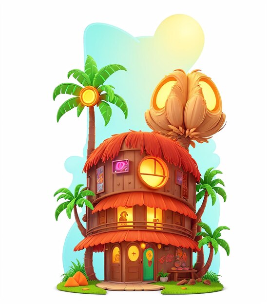 Photo a cartoon house and tshirt design with palm trees