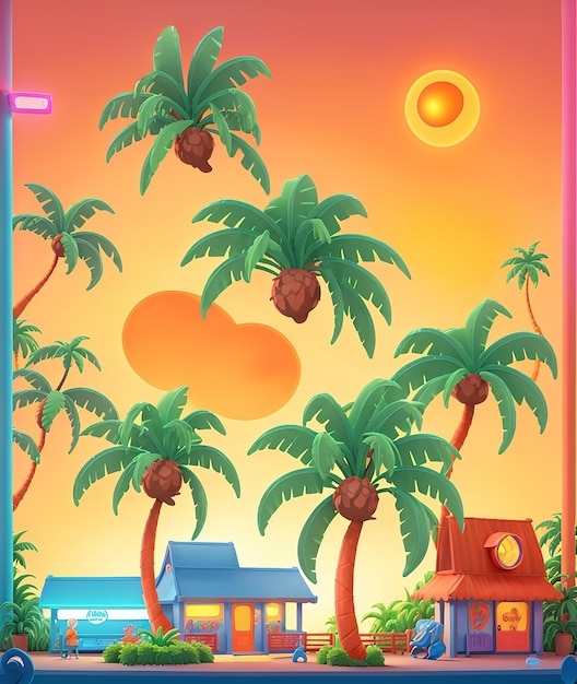 A cartoon house and tshirt design with palm trees