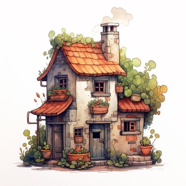 사진 굴과 식물과 꽃이 있는 발코니를 가진 만화의 집
