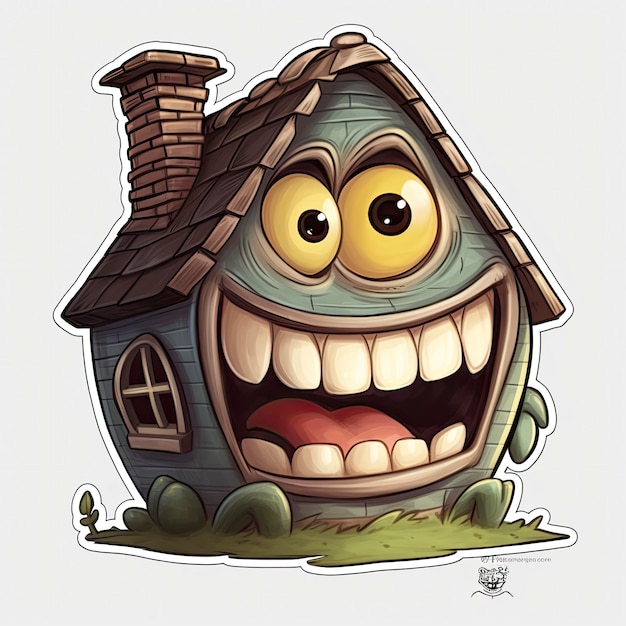 大きな黄色い目と大きな笑顔が正面にある漫画の家。