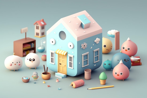 A cartoon house with a blue house and a house with eyes and a face with eyes and a house with a cartoon face.