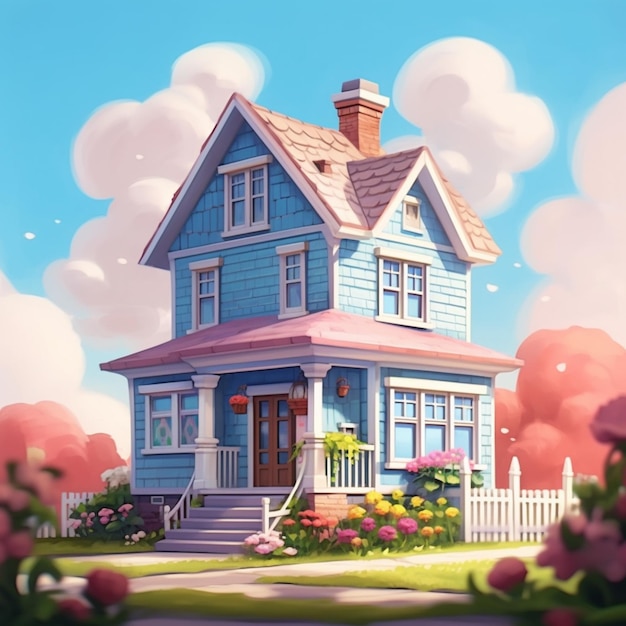 cartoon house with a blue roof and a pink fence generative ai