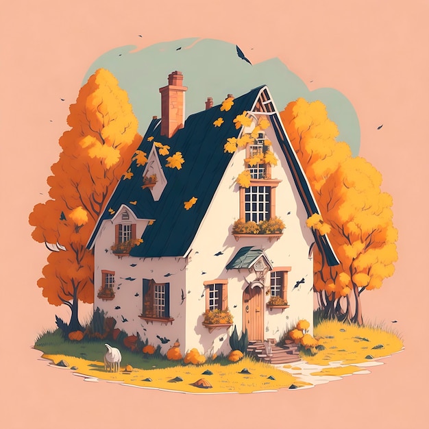 A cartoon house with a blue roof and a yellow tree in the background.