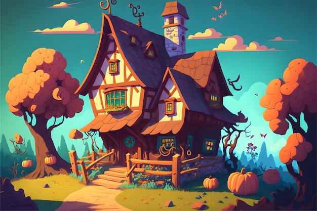 A cartoon house with a brown roof and a pumpkins on the ground