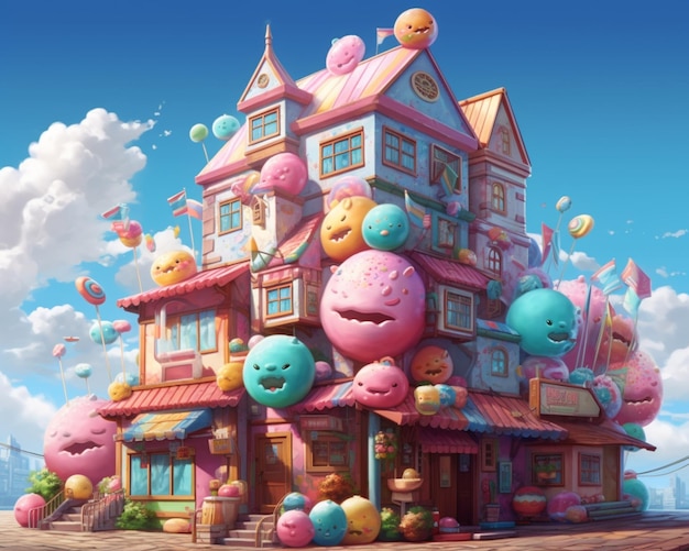 Cartoon house with donuts and candy on the roof generative ai