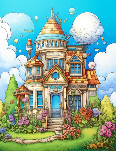 Cartoon house with a garden and flowers in the front yard generative ai